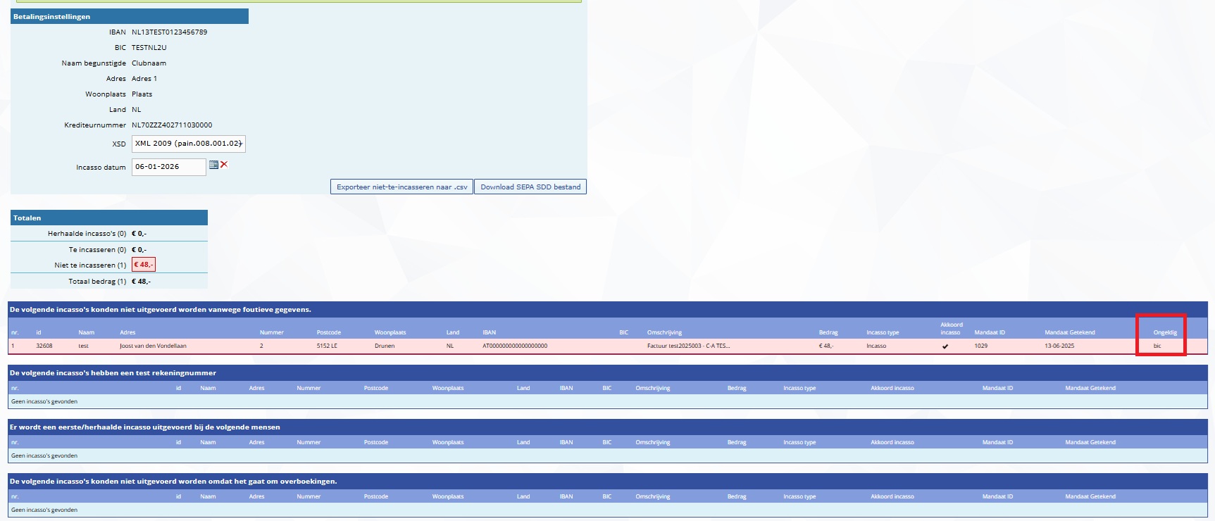 Incasso transactie fout